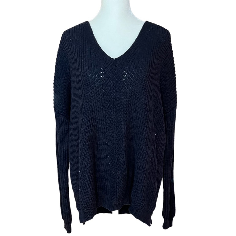 Vince Camuto V-Neck Mixed Knit Sweater Dark Navy Black Slouchy Womens Medium
